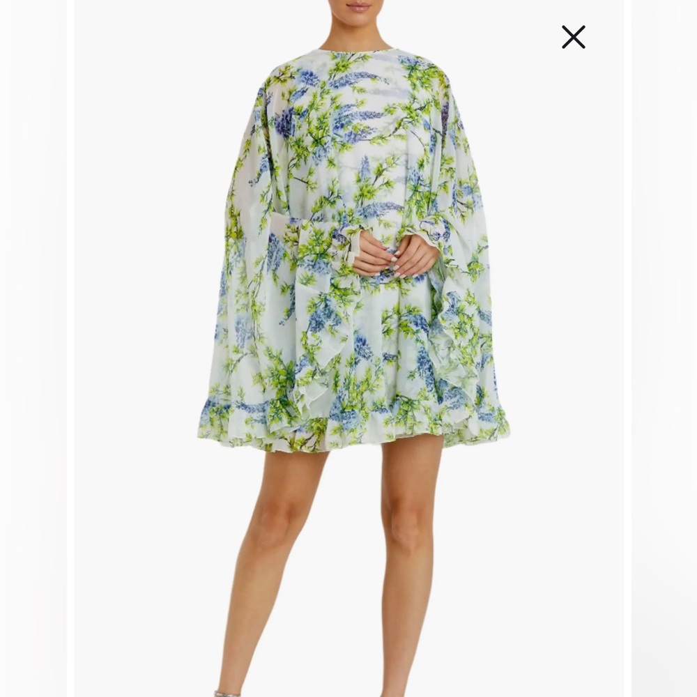 Mac Duggal White Floral Mini Dress with Blue and Green Print